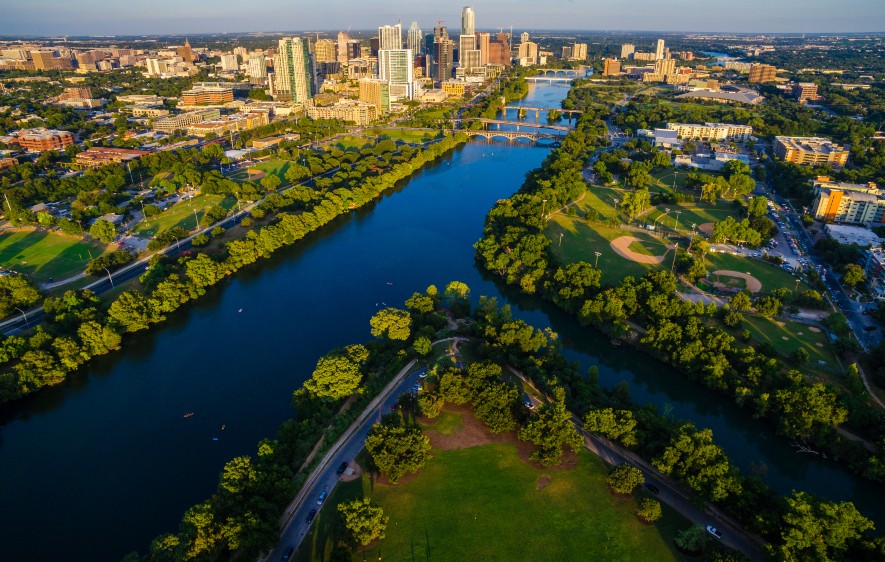 Aerial shot of Zilker Park and downtown Austin